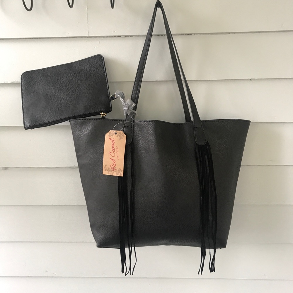 Black tote with fringe  detachable pouch bag Red Camel